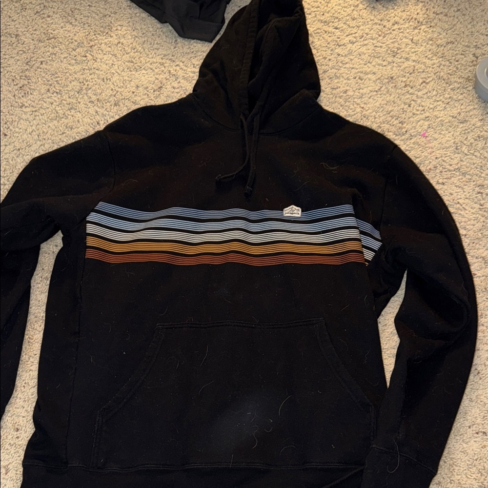 Patagonia Black Hoodie with Orange and Blue Stripes